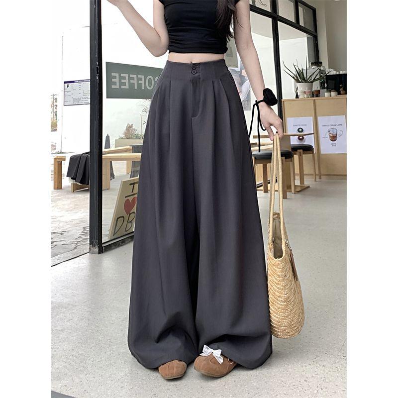 Kumikumi Fancy Pure Color Suit Pants Casual Pants Women Fall High Waist Drooping Straight Loose Pants Mop Pants