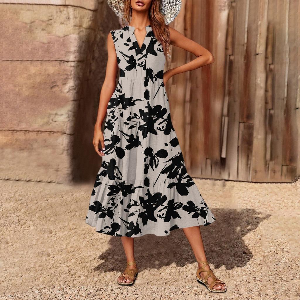 Women's Casual And Fashionable V-neck  Sleeveless Printing Mid Length Dress