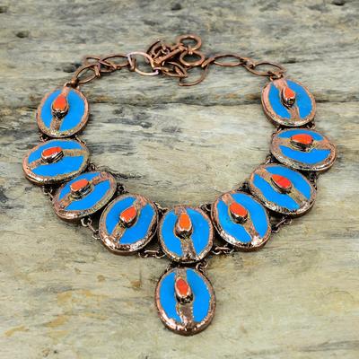 Sleeping Beauty Turquoise Necklace Electroformed Copper Gemstone Necklace Adjustable Chain Necklace Handmade Red Coral Necklace Wedding Gift