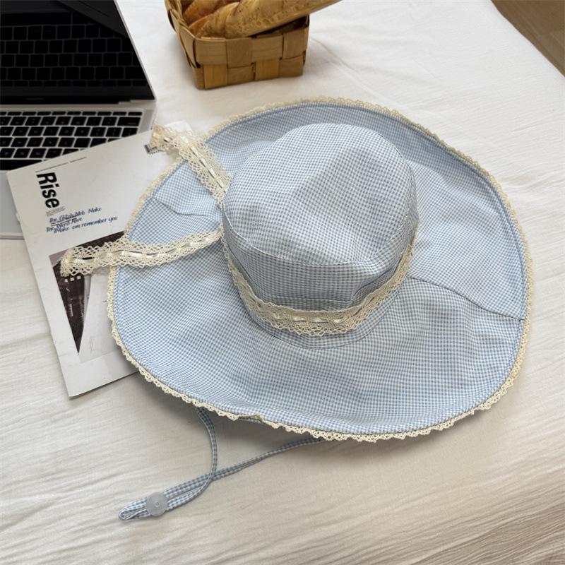 Small fresh plaid lace strap, big eaves, fisherman's hat, children's spring and summer sun protection, UV protection, sun hat, all-match tide