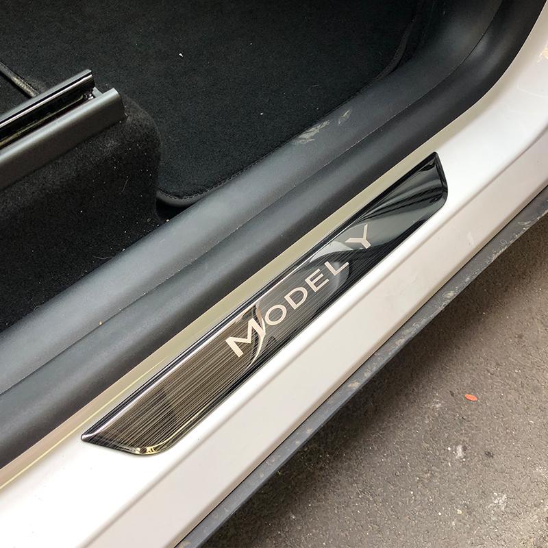 Black Stainless Steel Threshold Protector Strips for Tesla 2025 Highland Model Y Front & Rear Door Welcome Pedal, Anti-Scratch