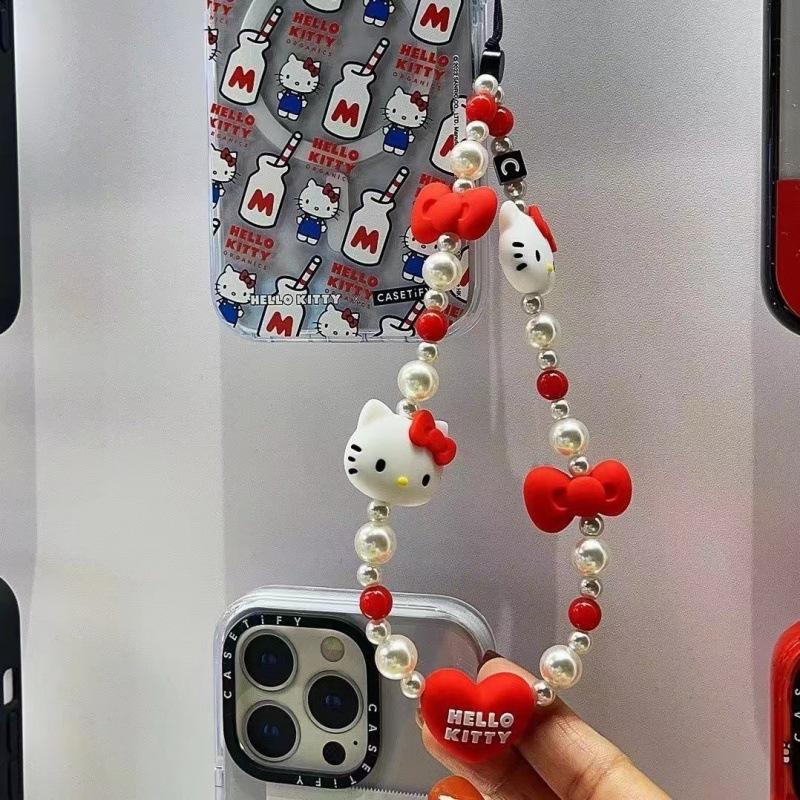 Hello Kitty Beaded Pearl Phone Lanyard with Red Bow for Women Red Hello Kitty Hand Rope