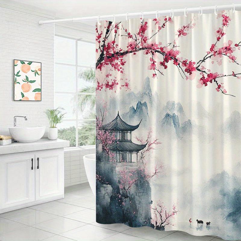 Chinese Ink Plum Blossom Shower Curtain Pagoda Mountain Art Bathroom Decor Oriental Style Bath Curtains For Modern Home Interior