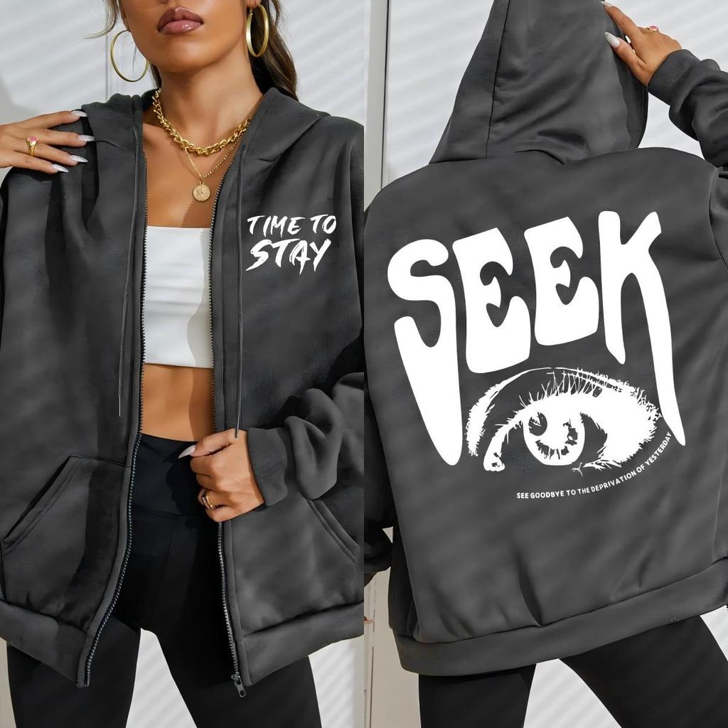 Seek Anticipated Gaze Design Women Zipper Hoodies Soft Casual Hoody Fleece Pocket Hoodie Comfortable Woman Clothing
