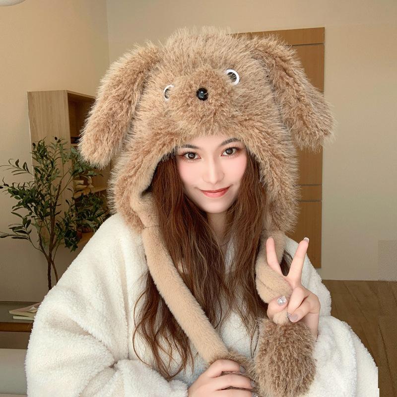 

Милые щенячьи ушки двигаются плюшевая шапка 2025 осень и зима утолщенная холодостойкая защита ушей шапка-ушанка универсальная шапка M（56-58cm） кофейный