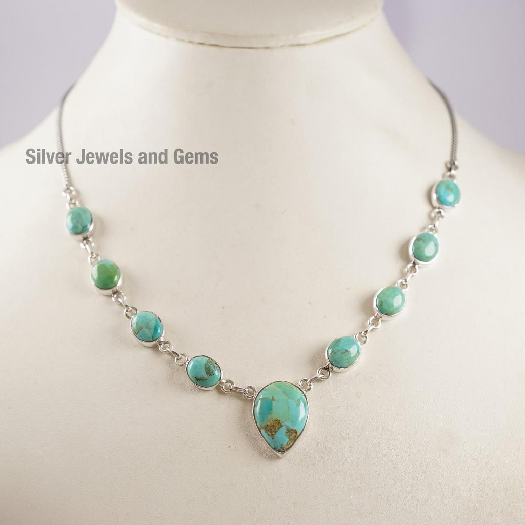 Natural Arizona Turquoise Chain Necklace, December Birthstone Necklace, 925 Sterling Silver, Gift for Wife, Turquoise Bezel Necklace