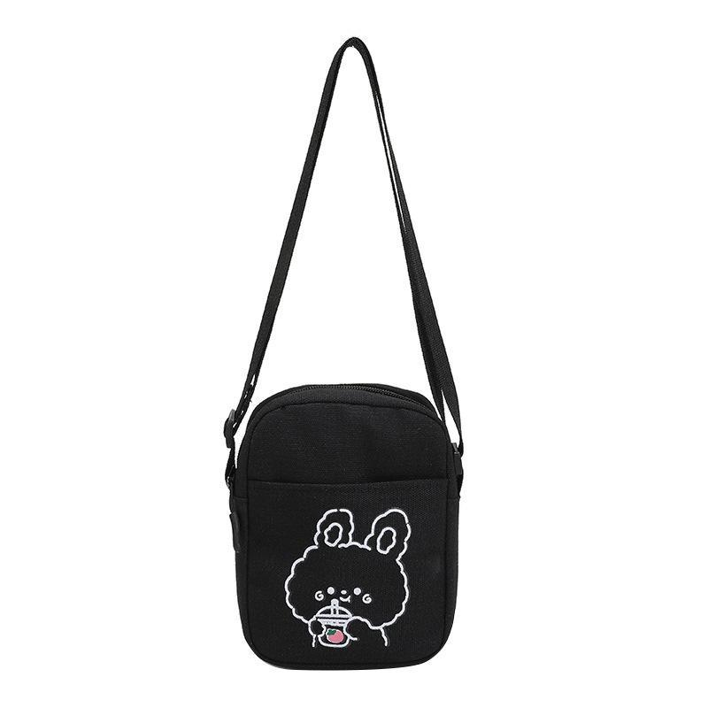 Black Canvas Crossbody Bag Kawaii Cartoon Bunny Print Fashion Casual Tote Bag for Teens School Commute Daily Shopping