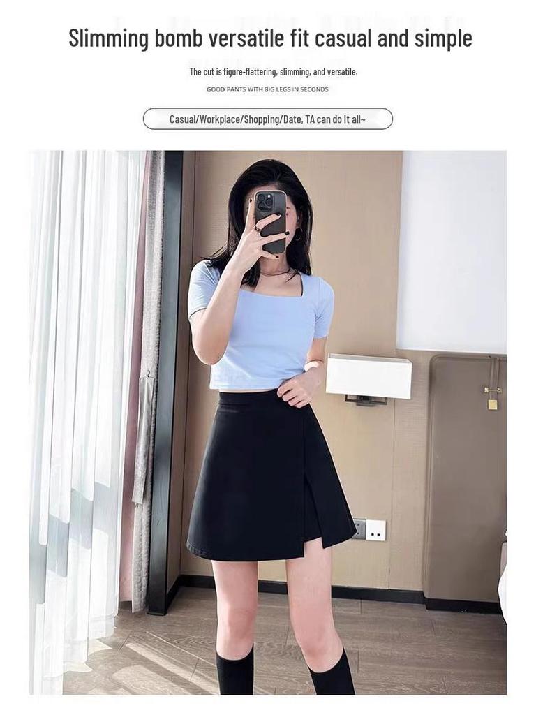 2025 Black Plus Size High Waist Slimming A-Line Slit Short Skirt for Women