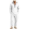 Men's Linen Hooded Half Zip Long Sleeve Top and Elastic Waist Pants Set, Breathable Casual Loungewear