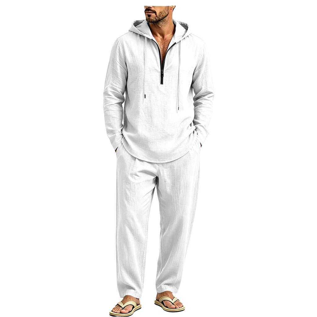 Men's Linen Hooded Half Zip Long Sleeve Top and Elastic Waist Pants Set, Breathable Casual Loungewear