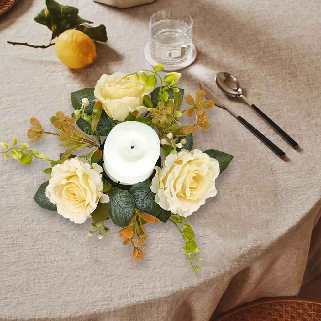 Artificial Rose Candle Wreath Flower Floral Garland Candles Holder for Table Centerpiece