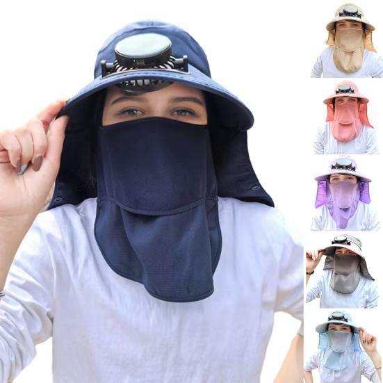 Pălărie de Soare cu Bor Lat și Ventilator Solar pentru Bărbați Femei Pălărie Bucket de Pescuit pentru Exterior cu Apărătoare de Gât și Protecție Facială pentru Drumeții Camping