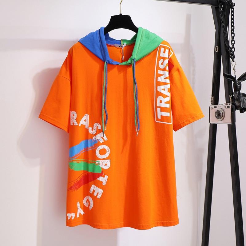 

Женская футболка больших размеров, летние свободные топы с капюшоном и короткими рукавами с принтом 3XL оранжевый