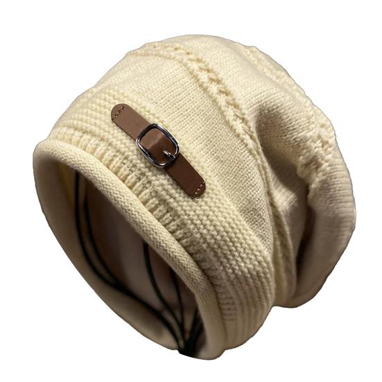 Knitted Hat Rolled-Edge Pile Shape Velvet Lining Women Hat Windproof Ear Protection Knitted Headgear