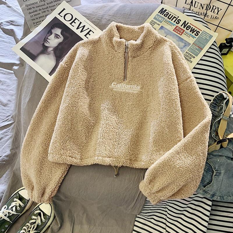 Womens Short Fleece Zip Sweatshirt Plus Size Loose Warm Winter Top Casual Hoodie Alternative