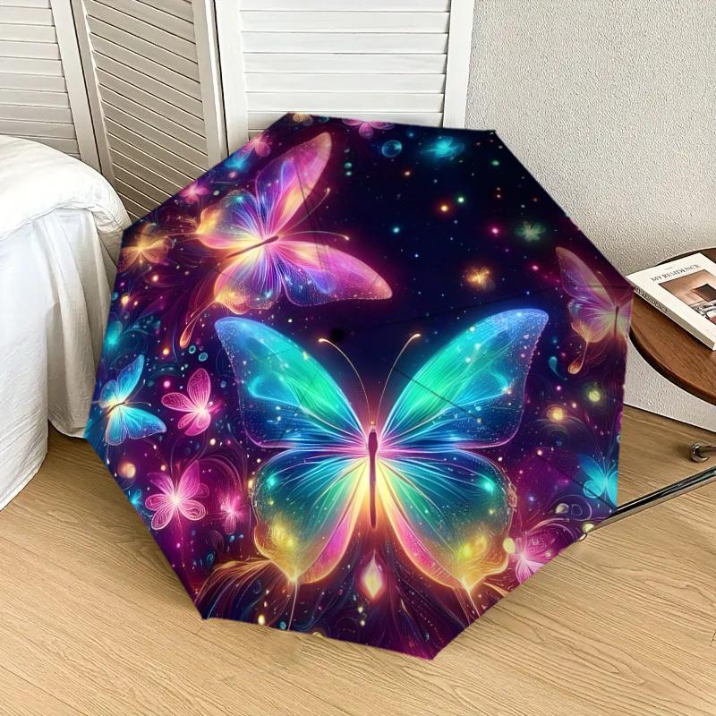 1 pièce Papillons Colorés dans un Parapluie Nuit Fantastique avec Manche en Plastique, Convient à Toutes les Saisons Maison Voyage Parapluie ExtérieurDD1207