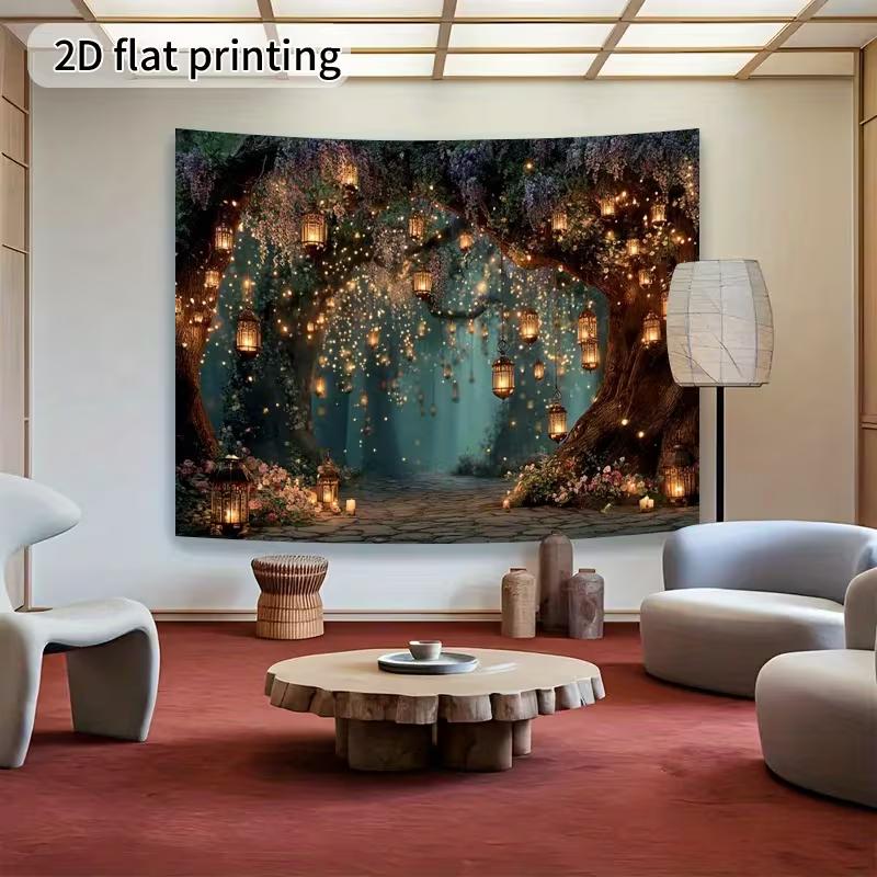 2D Magical Firefly Forest Tapestry, Hanging Lanterns & Flowers Wall Art for Bedroom