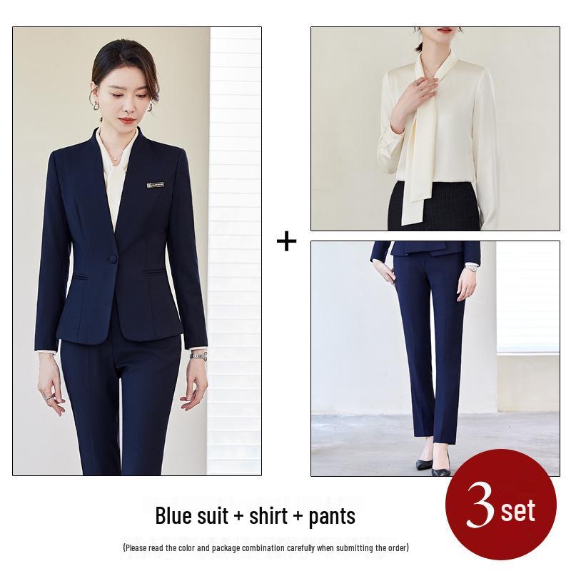 Women's Navy Blue Petite Suit Set for Spring/Autumn - Professional Dress for Interviews & Business