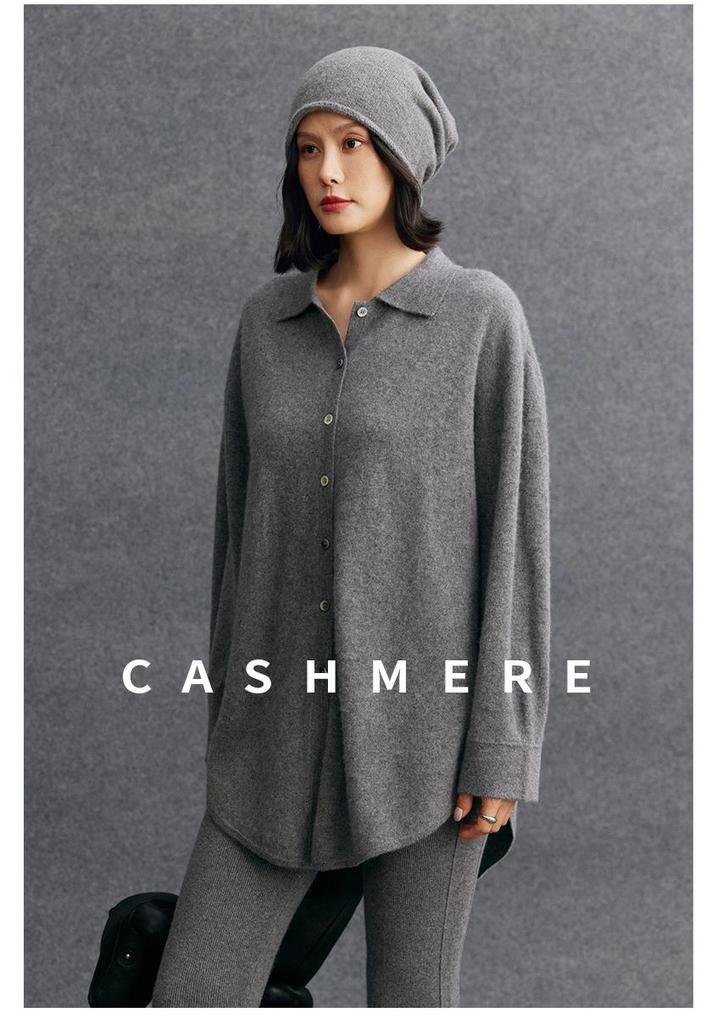 Women's Mid-Length Cashmere Cardigan Sweater - Autumn/Winter Style with POLO Collar