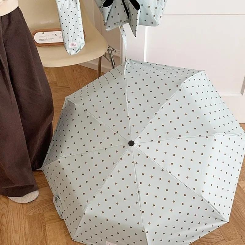 Summer Polka Dot Folding Umbrella 8 Ribs Windproof U Shape Handle Lightweight Manual UV Sunshade Rainproof Dual Use