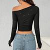 Ladies Spring Autumn Long Sleeve Skew Collar Bodycon Rhinestone Pullover Casual T Shirt  Crop Top