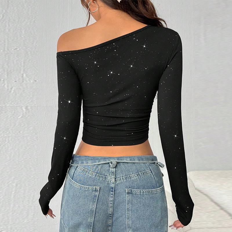 Ladies Spring Autumn Long Sleeve Skew Collar Bodycon Rhinestone Pullover Casual T Shirt  Crop Top