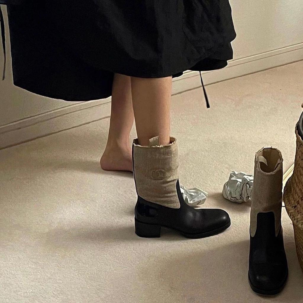 Sheepskin Version~ Xiaoxiangfeng Canvas Leather Wide Tube Martin Boots Women's Thick Heel Thick Sole Medium Tube Western Boots High Heel Short Boots