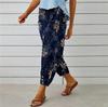 Damen Hohe Taille Kordelzug Cropped Haremshose Lockerer Schnitt Blumenprint Leinenmischung Jogger Caprihose Mit Tasche