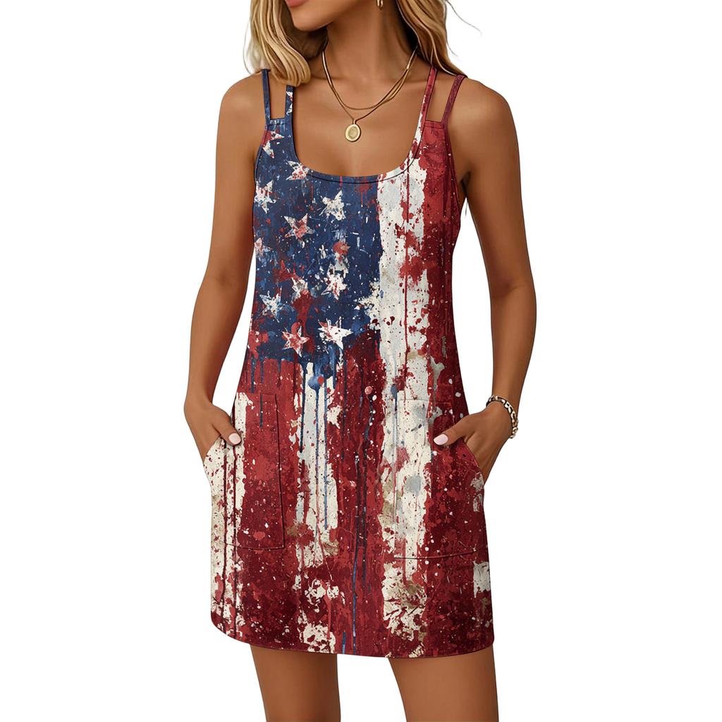 Women’s Fashionable Casual Independence Day Printed Dress, Double-Strap Dress With Pockets