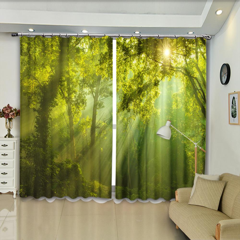 Zelená přírodní scenérie Realistický 3D tisk tenký okenní závěs do obývacího pokoje Scénické stínící závěsy do ložnice s háčkem