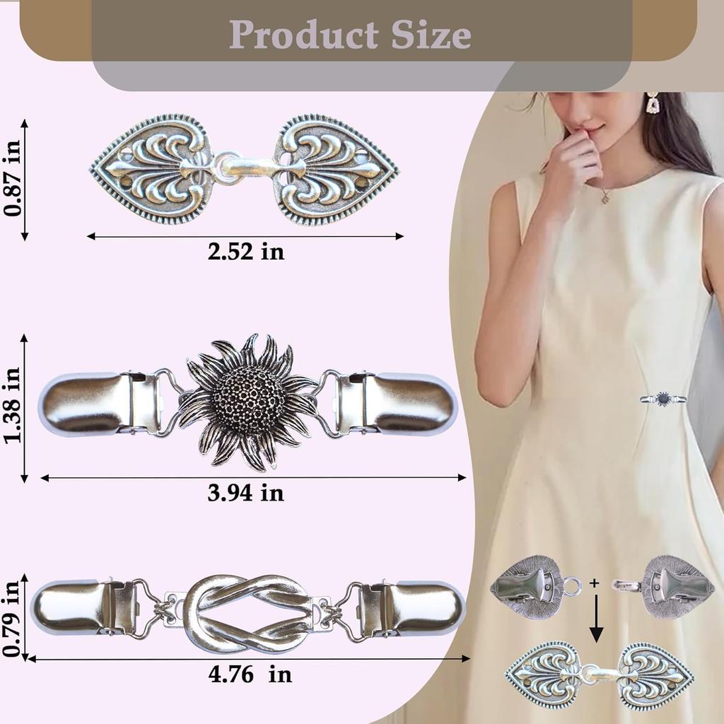 3PCS Dress Clips Back Cinch Retro Silvery Sweater Dress Clothing Cincher Clips to Hold Sweater Toge Shirt Tightener Clip for Different Women Clothing