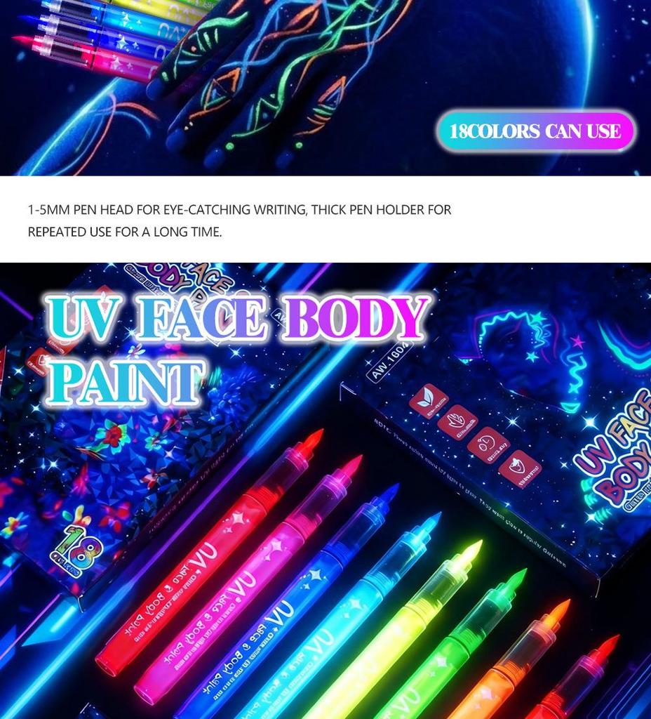 Glow-in-the-Dark UV Fluorescent Marker Pen for Halloween – Easy Clean Body Paint