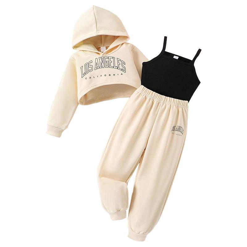 Girls Fashion Set Autumn and Winter Children's Casual Sports Printed Hoodie Solid Color Halter Pants Three-piece Set