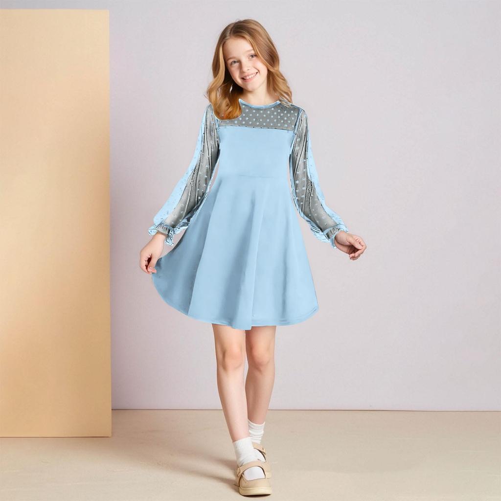 CUHK Mädchen Spitze Langarm Farbe Niedliches Prinzessinnenkleid