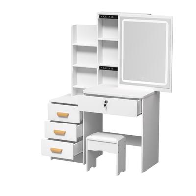 Penteadeira de Maquilhagem com Espelho Iluminado por LED, Mesa de Toucador com 4 Gavetas e Prateleiras Abertas, Mesa de Vestir para Quarto com Banco
