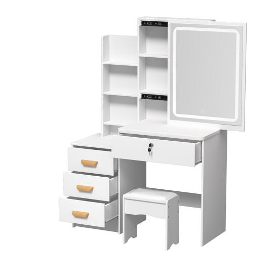 Makeup Vanity Desk with LED Lighted Mirror, Vanity Table with 4 Drawers and Opening Shelves, Bedroom Dressing Table with Stool