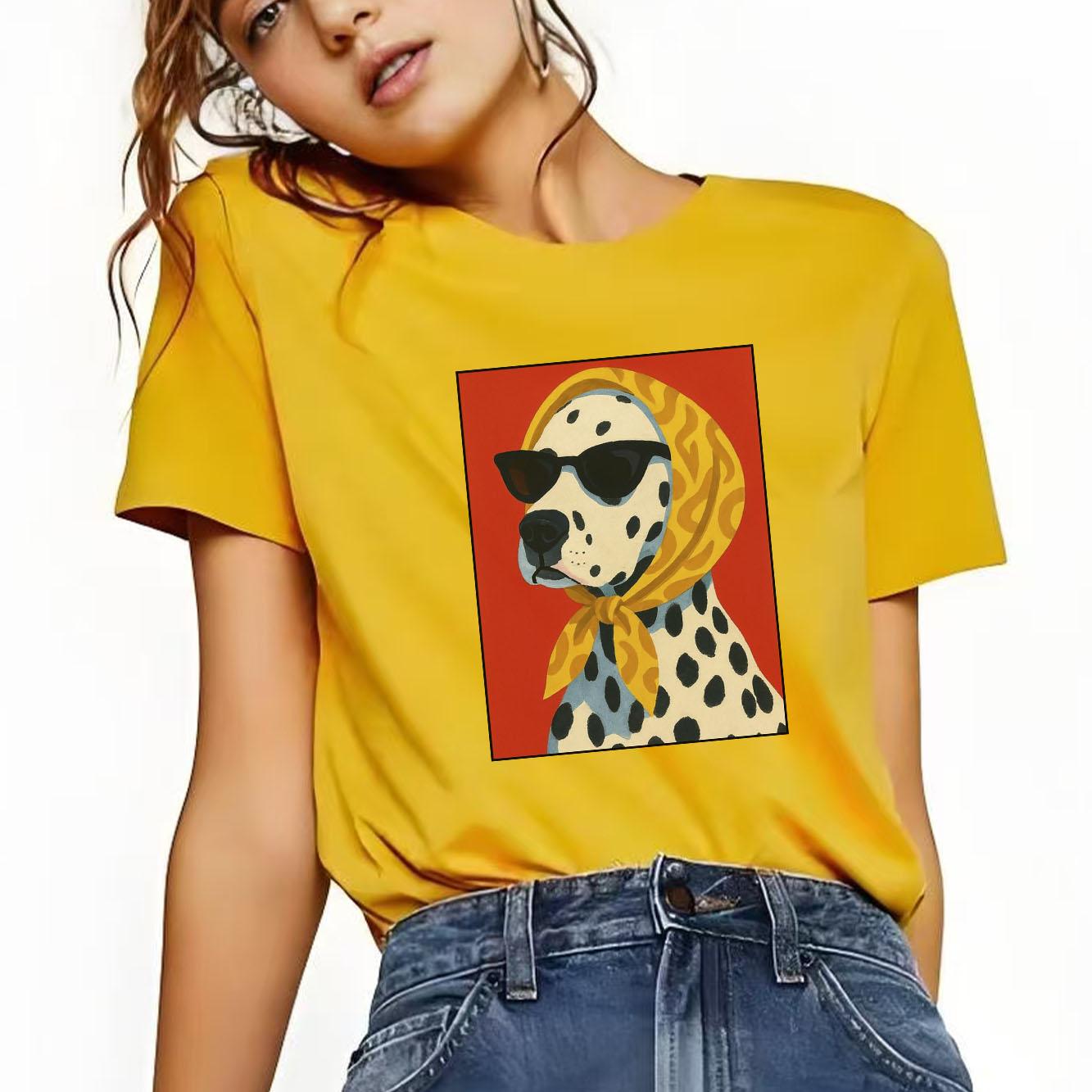 

Fashionable cartoon spotted dog print Tshirt casual short sleeved round neck suitable for all seasons versatile Womens Tshirt 4XL