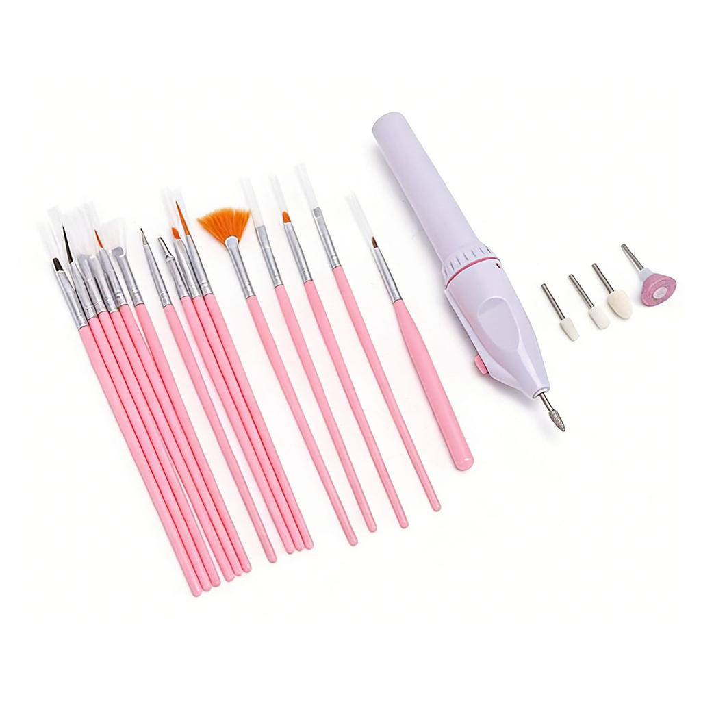 Electric Manicure Nail Drill Battery Powered File Grinder with 5 Drill Bits 15pcs Nail Art Brushes Set for DIY