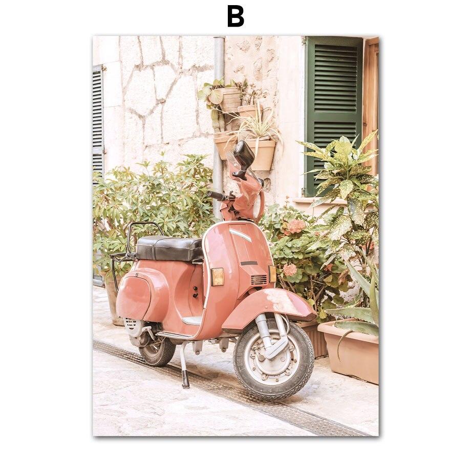 Retro Town Flower Street View Car Moto Bike Windowsill WallPosters Art Canvas Painting  And Prints Picture For Living Room Decor