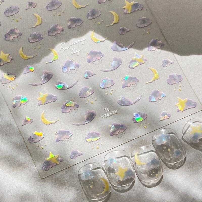 Embossed Clouds Moon Nail Embossed Sticker Sparkling Aurora Colorful Clouds Nail Decals Floral Elegant Manicure Decoration