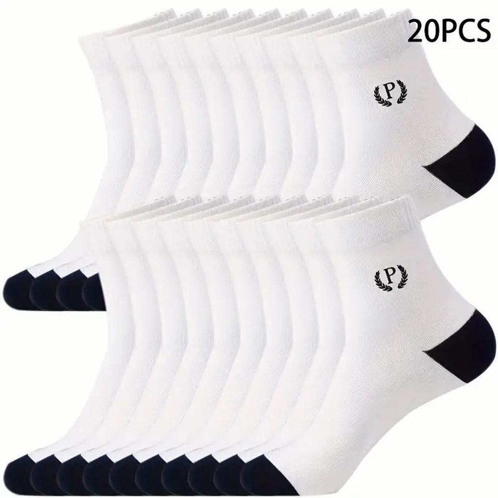 20 Pairs Men Mid Length Socks Fashionable Letter Suitable Daily Outdoor Wear Anti Odor Sweat Absorbing Breathable Casual Socks