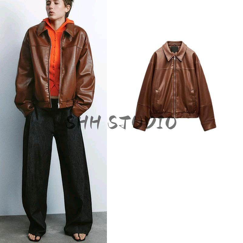 Spring New Women's Clothing French Retro Textured Poly Urethane Leather Fashion Pilot Jacket Outwear 4391859