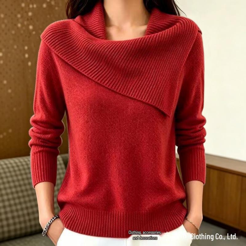 Asymmetrical Lapel Knit Sweater - Solid Color, Slim Fit, Versatile Long Sleeve Wool Sweater for Women