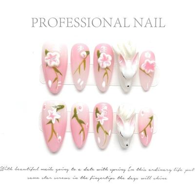 100% HANDMADE Press On Artificial Nail Almond Shape Chinese Style 3D Fox Hand-painted Morning Glory Phototherapy Nails Fake Nails Reusable