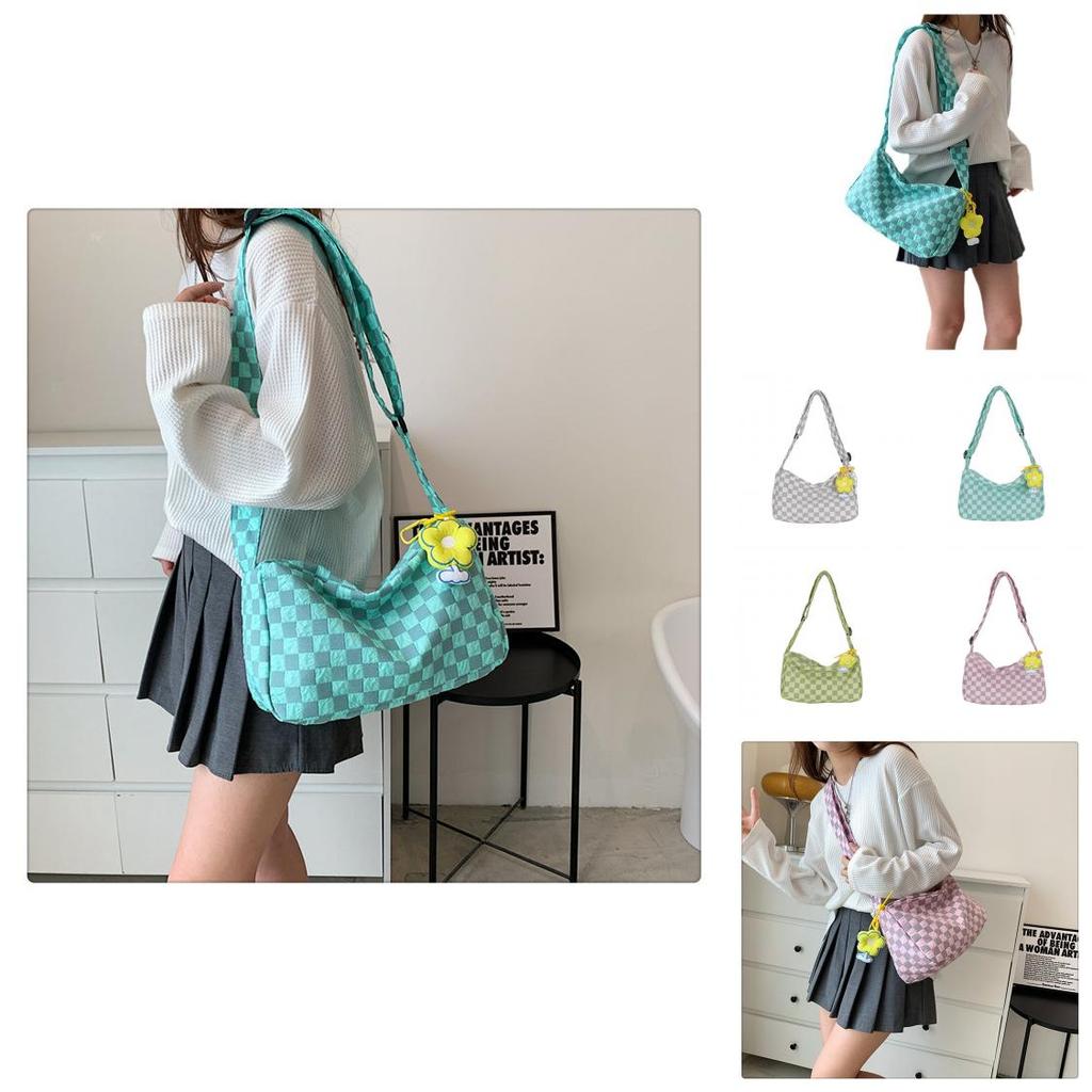 Stylish Gray And Blue Street Fashion Girls Plaid Nylon Messenger Shoulder Bag