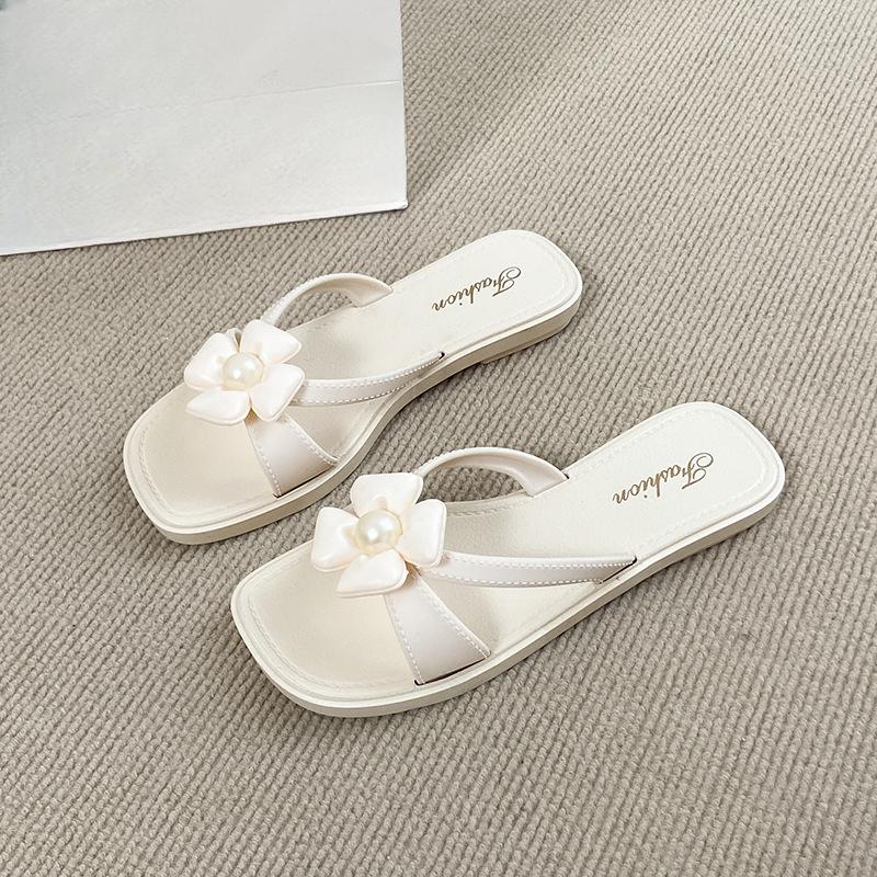 

Жемчужные туфли - универсальные женские пляжные плоские нескользящие уличные студенческие модные шлепанцы 40/41 белый