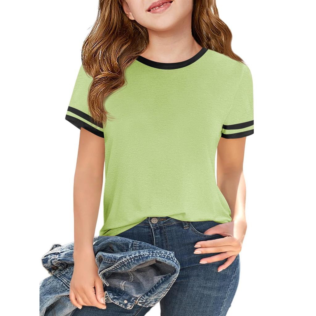 Girls Fashion Short Sleeve Round Neck Color Blocking Casual T-Shirt Top