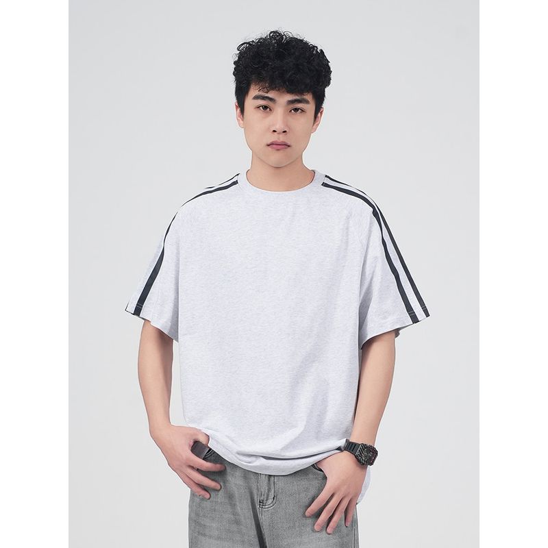 Wassup American-Style Sports Three-Stripe Letter Striped T-Shirt Short-Sleeved Men's Summer New Trendy Brand Heavyweight Couple Outfit
