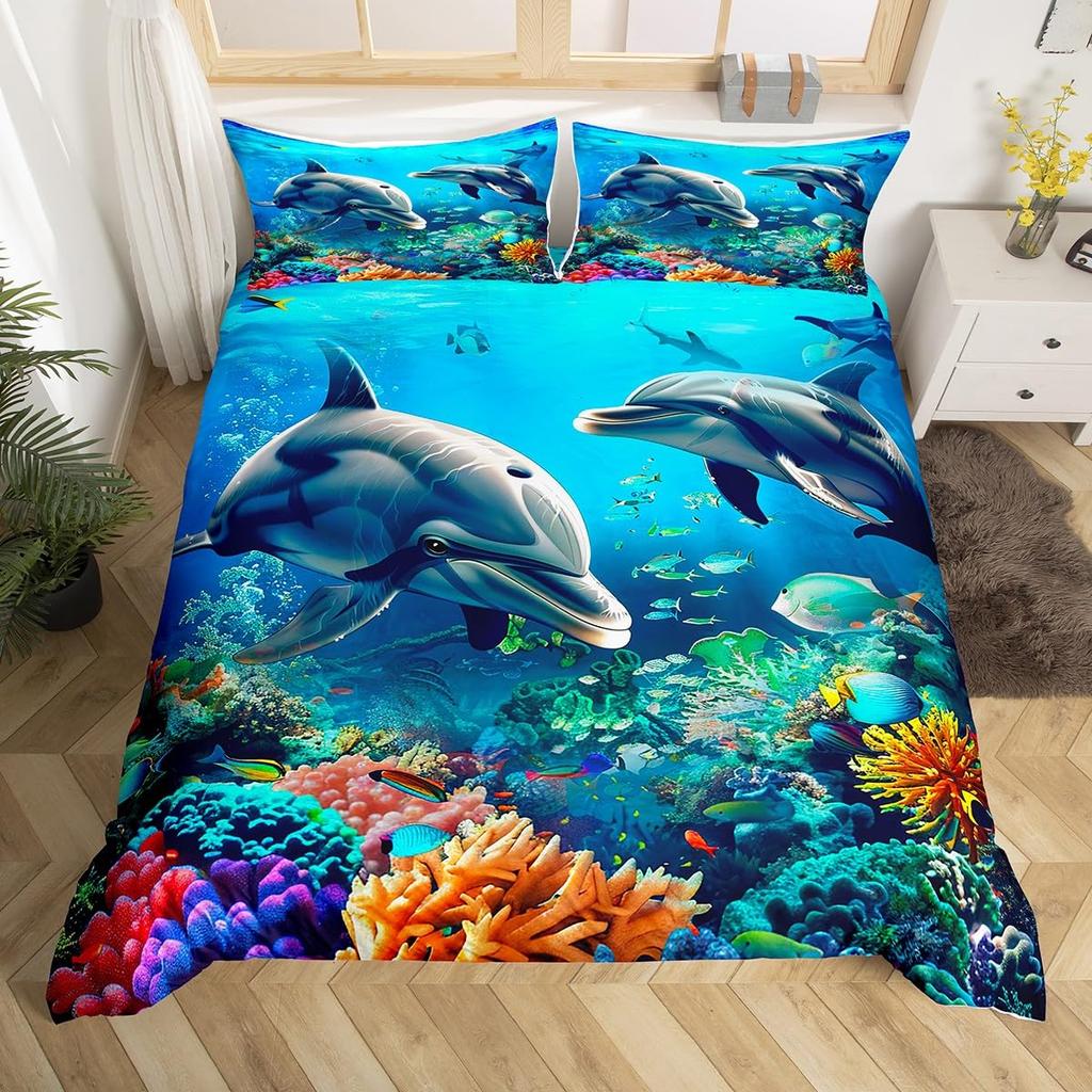 Comforter Jumping Dolphin Marine Themed Bedding Set King Full Twin For Kids Adults Decor Microfiber Ocean Animals