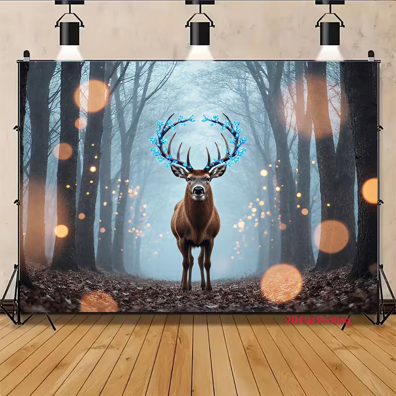 2D Fantasy Wald Hirsch Kulisse mit blauen Geweihen & Lichterketten Party Dekoration